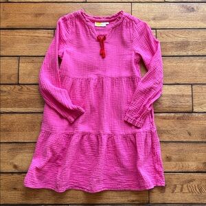 Boden Girls Pink Tiered Gauzy Cotton Dress 11-12y Pockets Long Sleeve Bow Detail